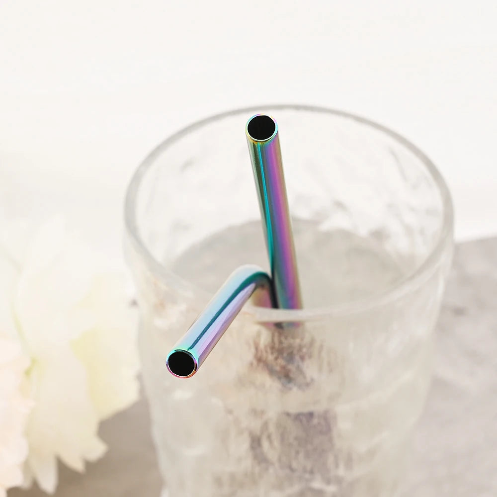 8pcs Stainless Steel Bent Straws Set Reusable Straws for Drinking Fruit Juice Milk Tea Coffee Colorful Straw with Cleaning Brush