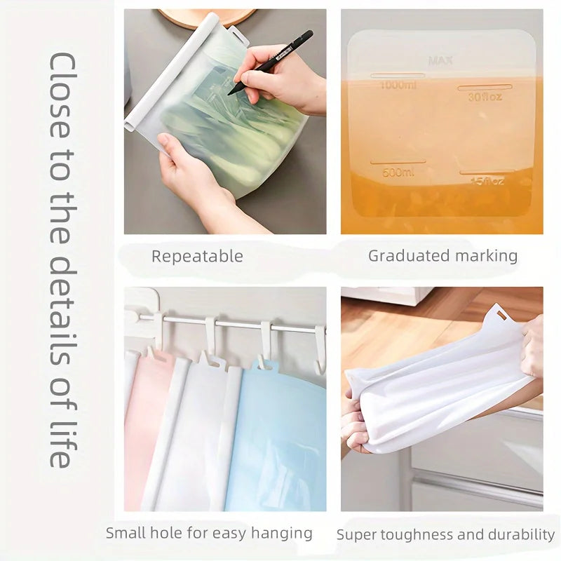 1/3/4 Pcs Silicone Food Storage Bags, Leakproof and Sealable, for Vegetables and Fruits,Freezer Safe,Kitchen Organization