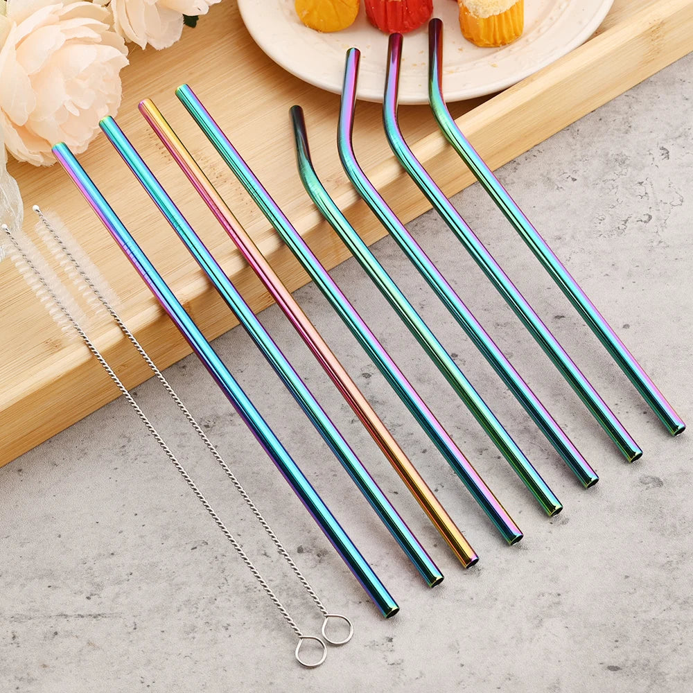8pcs Stainless Steel Bent Straws Set Reusable Straws for Drinking Fruit Juice Milk Tea Coffee Colorful Straw with Cleaning Brush