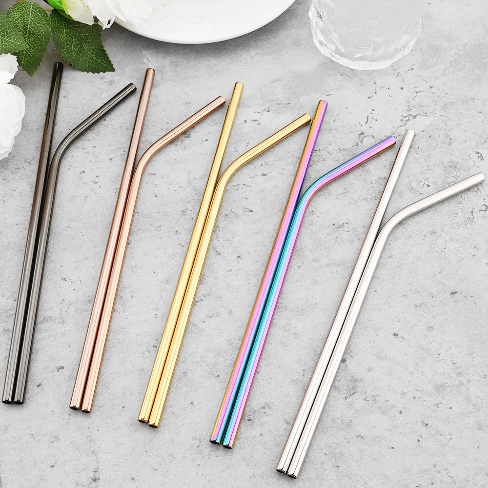 8pcs Stainless Steel Bent Straws Set Reusable Straws for Drinking Fruit Juice Milk Tea Coffee Colorful Straw with Cleaning Brush