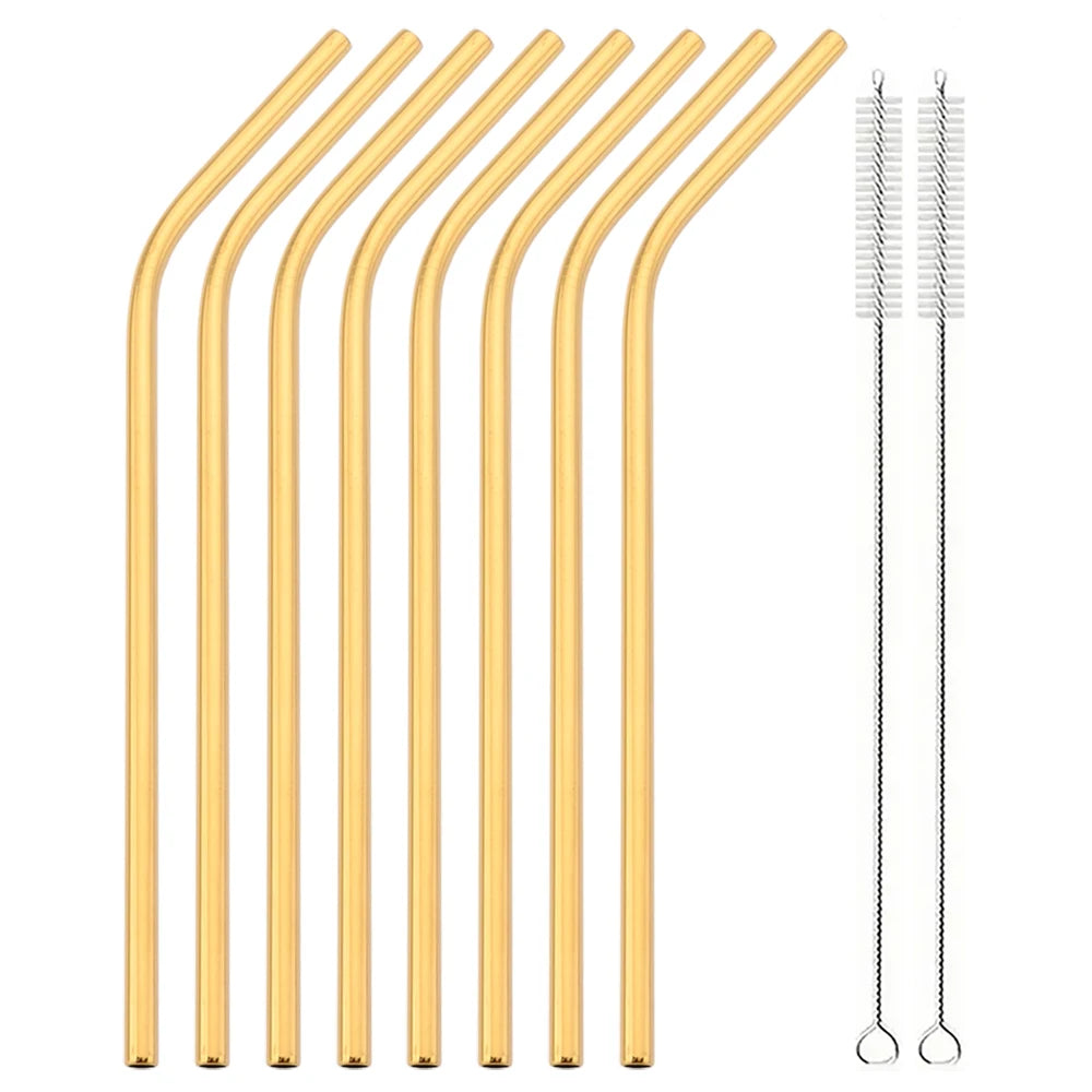 8pcs Stainless Steel Bent Straws Set Reusable Straws for Drinking Fruit Juice Milk Tea Coffee Colorful Straw with Cleaning Brush