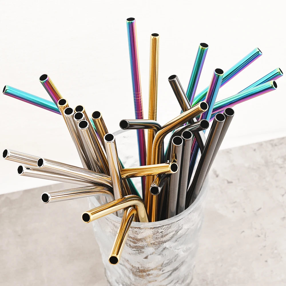 8pcs Stainless Steel Bent Straws Set Reusable Straws for Drinking Fruit Juice Milk Tea Coffee Colorful Straw with Cleaning Brush