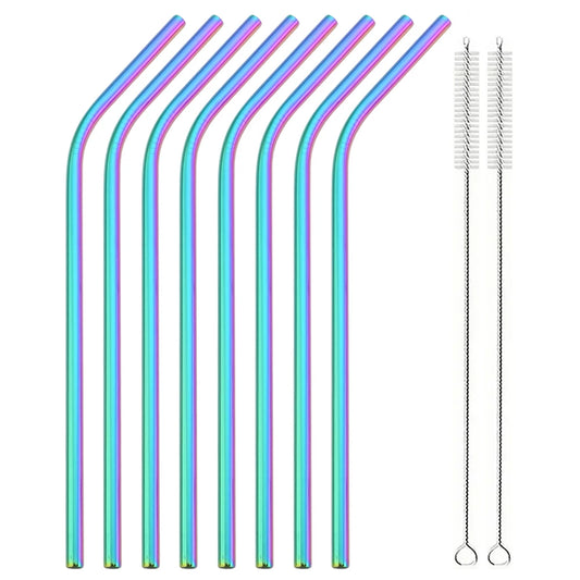 8pcs Stainless Steel Bent Straws Set Reusable Straws for Drinking Fruit Juice Milk Tea Coffee Colorful Straw with Cleaning Brush